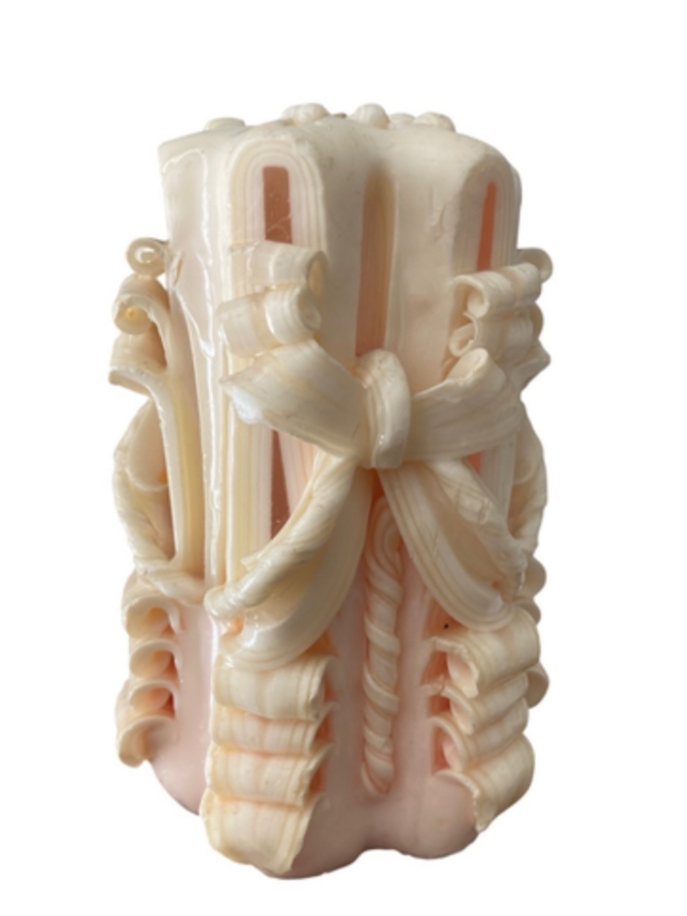 Vintage 1970s Hand Craved Ribbon Wax Pillar Candle Peach Pink Cream 7.5" Tall